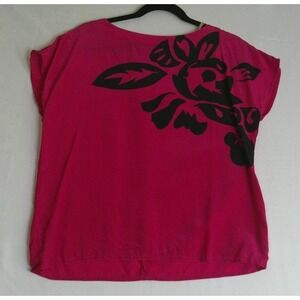 Nilani Womens 11/12 Blouse Pink Black Floral 100% Silk Short Sleeve Top Resort